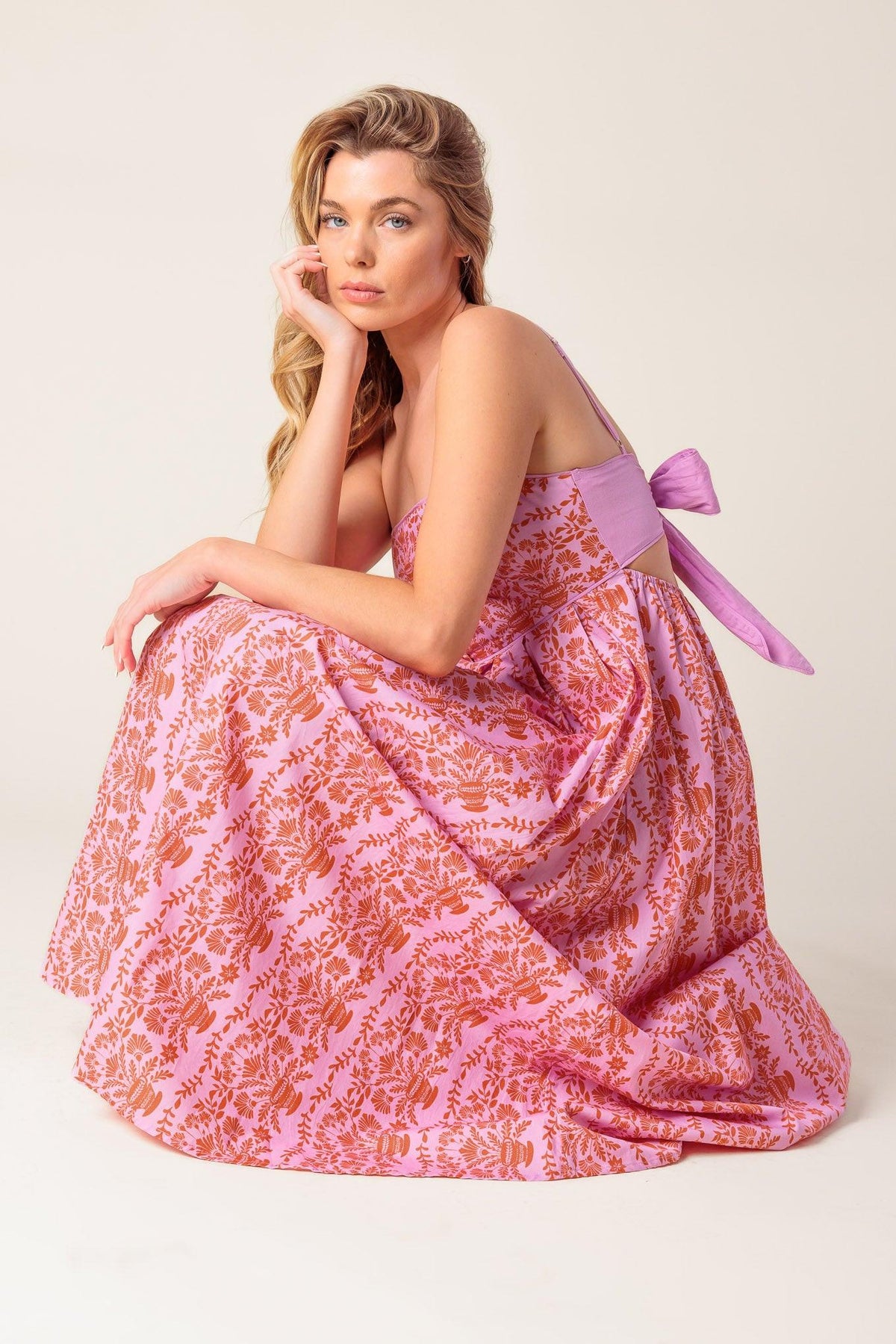 The Evette Pink Woven Midi Dress, view 5 — Soul Flow Apparel