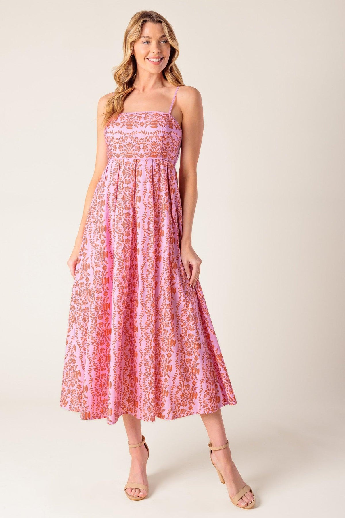The Evette Pink Woven Midi Dress, view 6 — Soul Flow Apparel