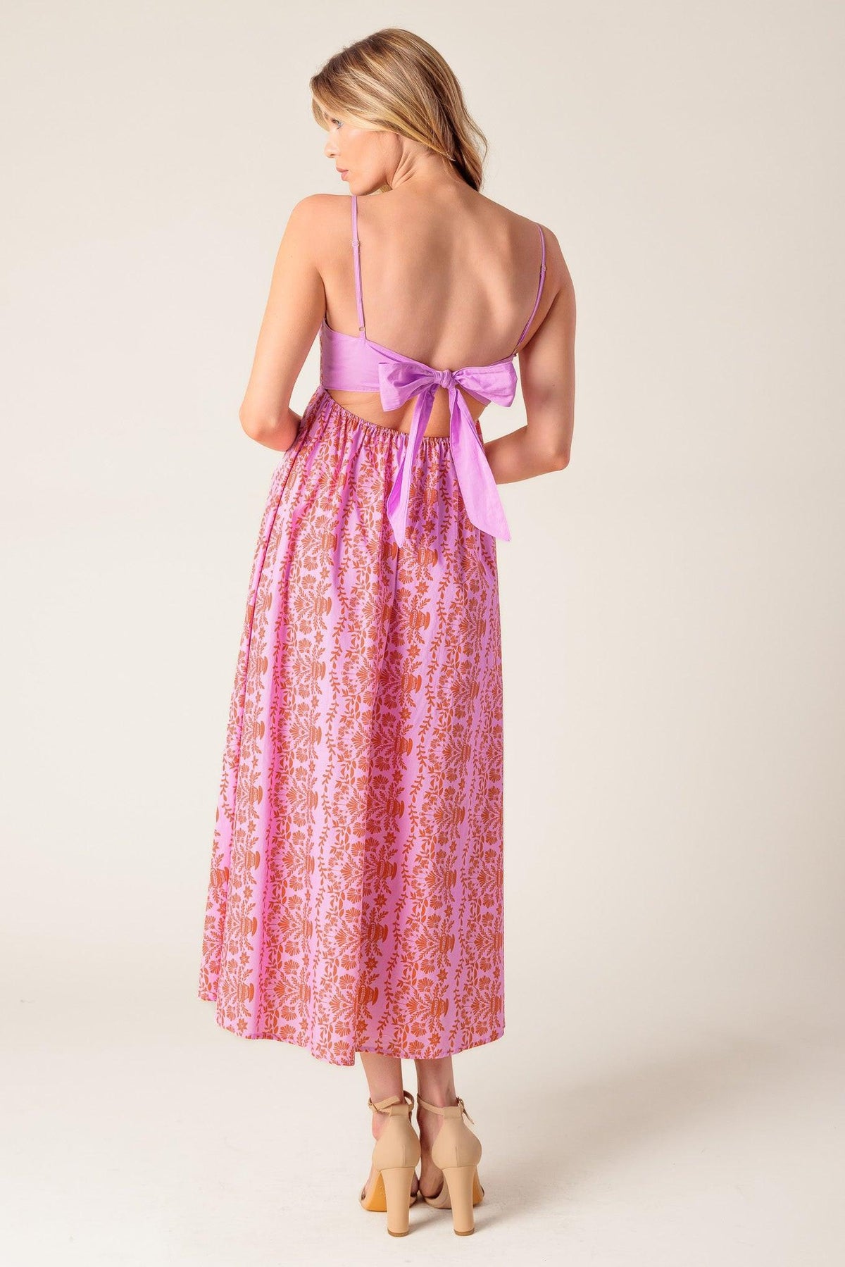 The Evette Pink Woven Midi Dress, view 7 — Soul Flow Apparel