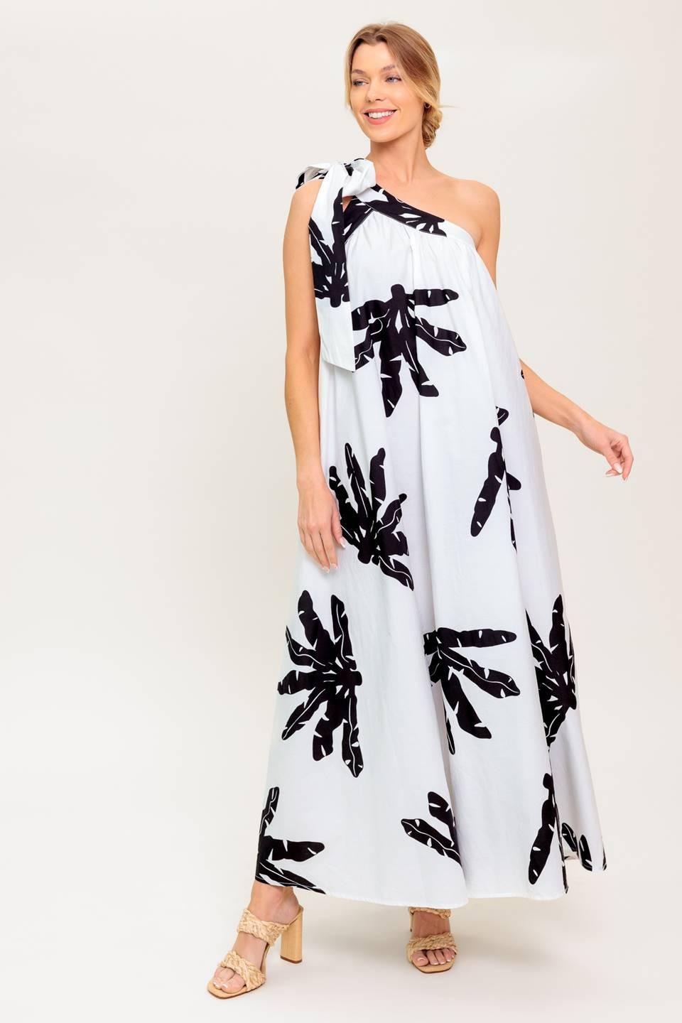 Sunset Serenade Woven Maxi Dress in white black, view 2 — Soul Flow Apparel