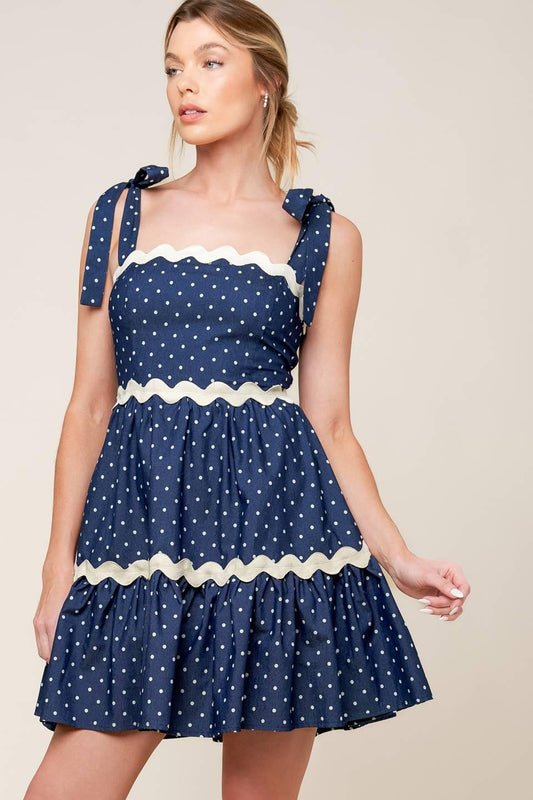 Divinely Dotted Woven Mini Dress in dark indigo, view 3 — Soul Flow Apparel