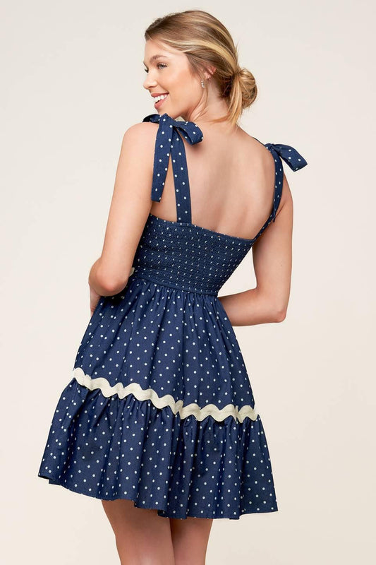 Divinely Dotted Woven Mini Dress in dark indigo, view 4 — Soul Flow Apparel