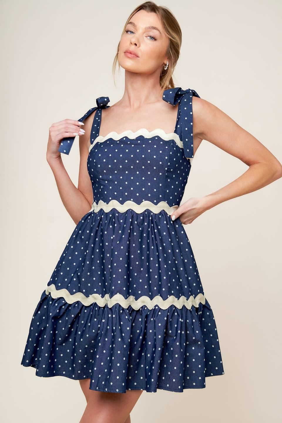 Divinely Dotted Woven Mini Dress in dark indigo, view 5 — Soul Flow Apparel