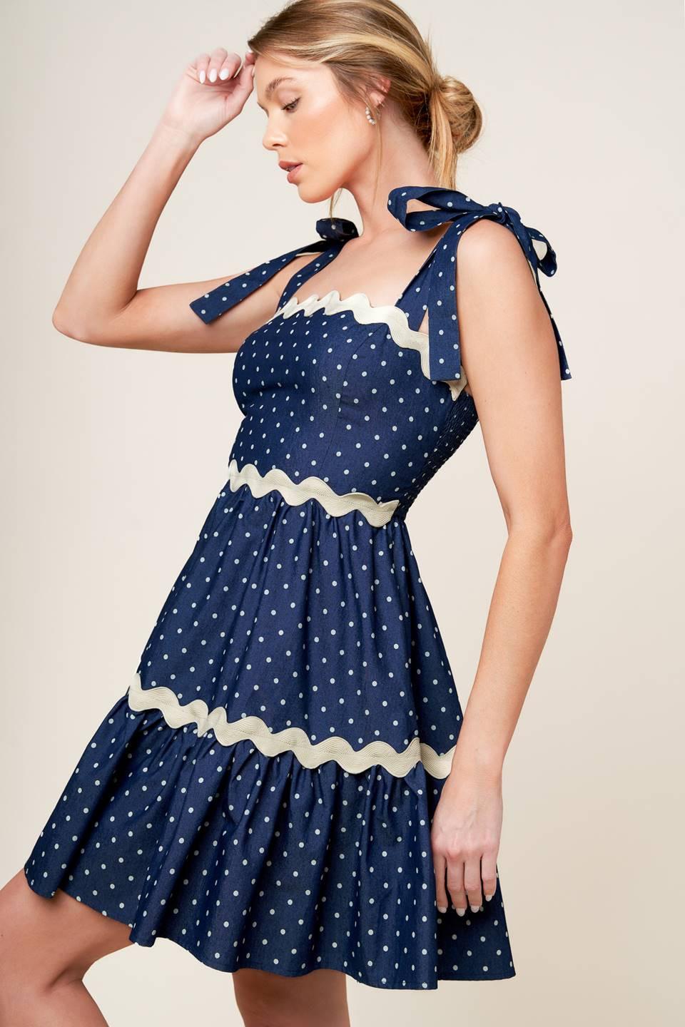 Divinely Dotted Woven Mini Dress in dark indigo, view 7 — Soul Flow Apparel