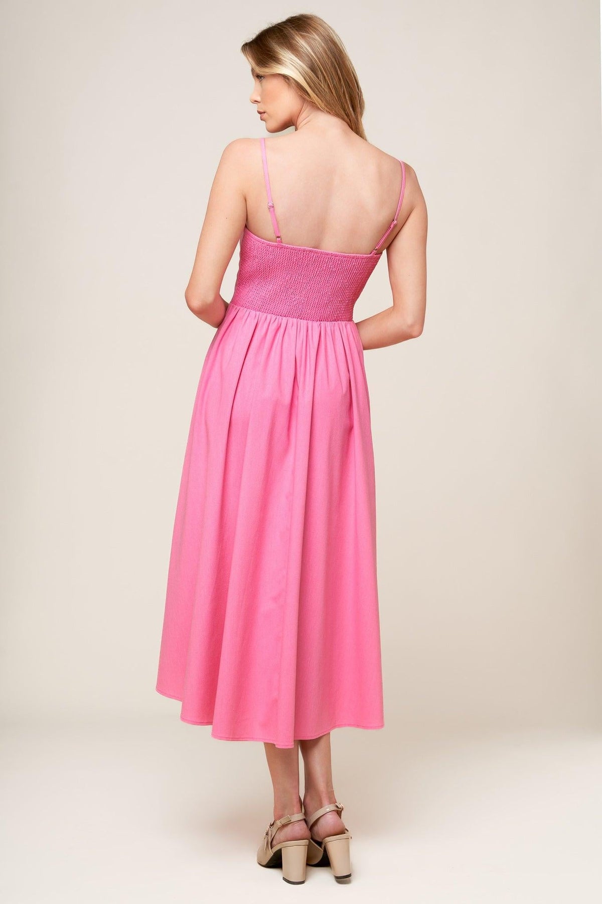 Let the Light Pink Woven Midi Dress, view 5 — Soul Flow Apparel