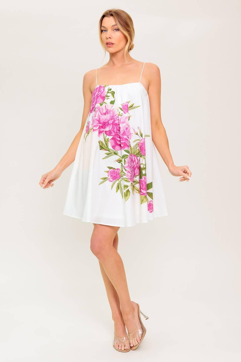 Garden Whispers Pink Floral Woven Mini Dress in off-white, view 1 — Soul Flow Apparel