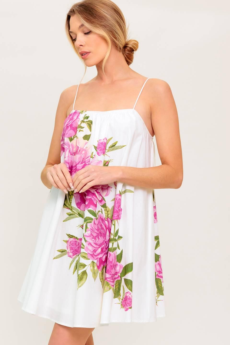 Garden Whispers Pink Floral Woven Mini Dress in off-white, view 2 — Soul Flow Apparel