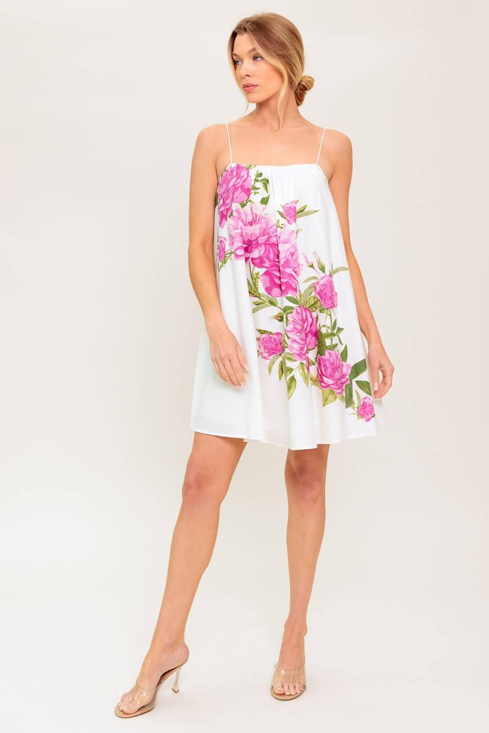 Garden Whispers Pink Floral Woven Mini Dress in off-white, view 3 — Soul Flow Apparel