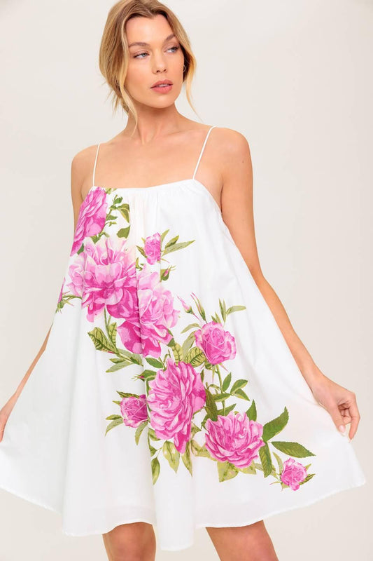 Garden Whispers Pink Floral Woven Mini Dress in off-white, view 5 — Soul Flow Apparel
