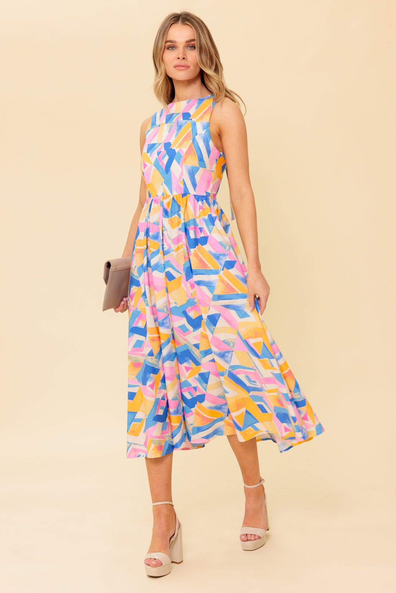 Patton Park Blue Woven Midi Dress in powder pink, view 1 — Soul Flow Apparel