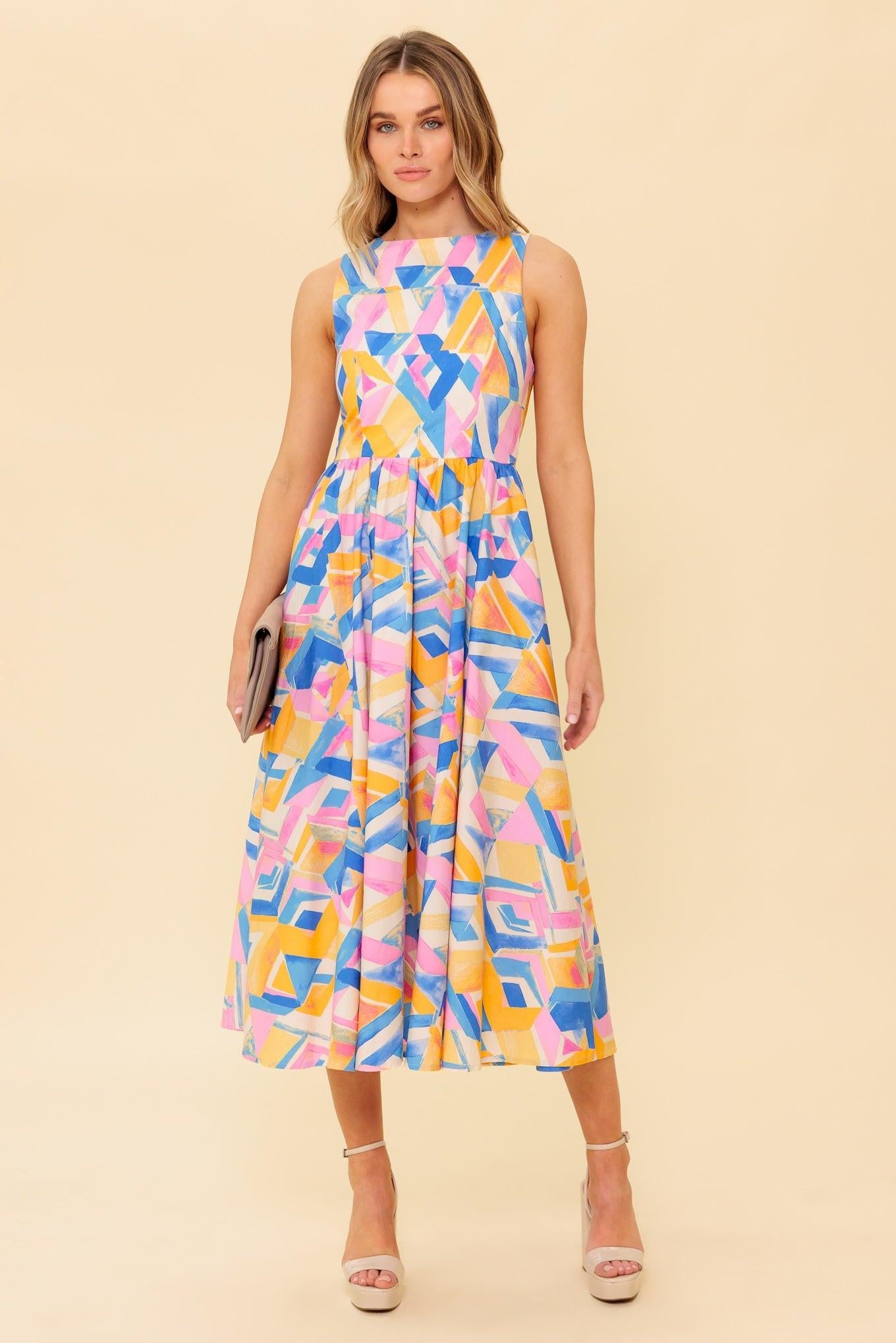 Patton Park Blue Woven Midi Dress in powder pink, view 3 — Soul Flow Apparel
