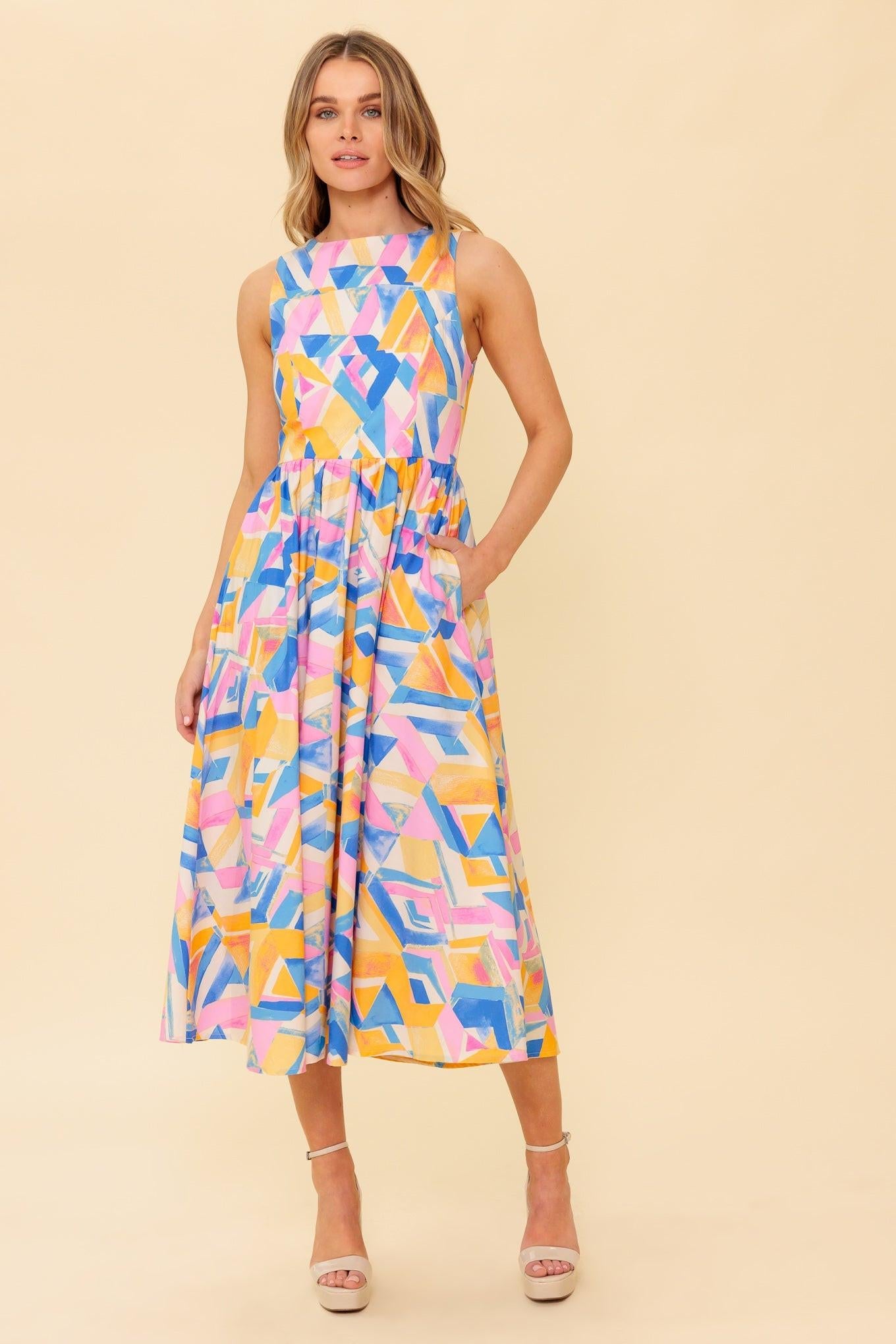 Patton Park Blue Woven Midi Dress in powder pink, view 5 — Soul Flow Apparel