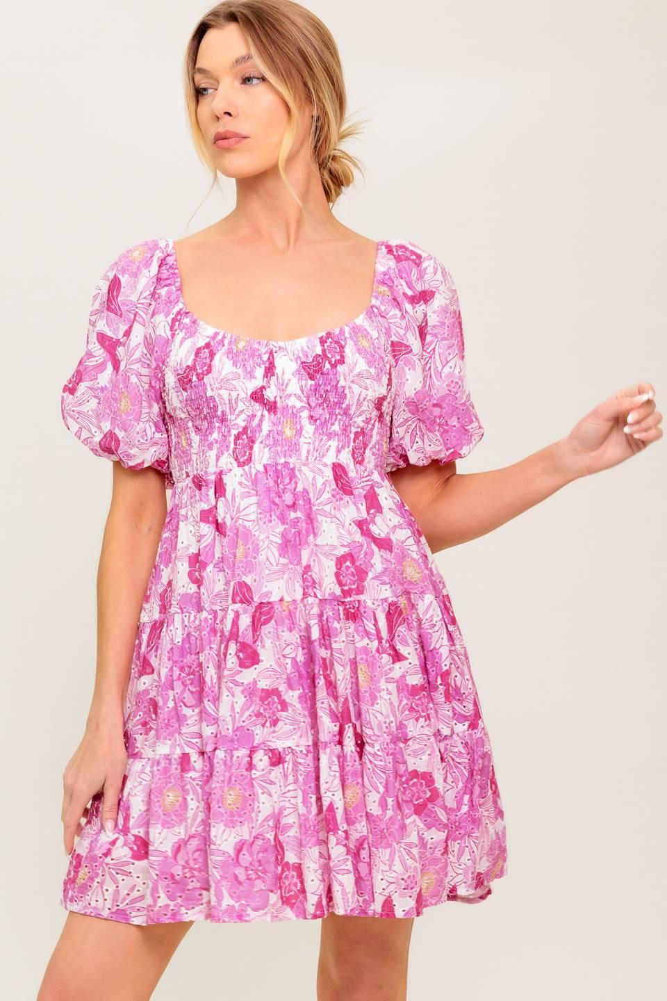 Meadow Rhythm Woven Eyelet Mini Dress in ivory pink, view 3 — Soul Flow Apparel