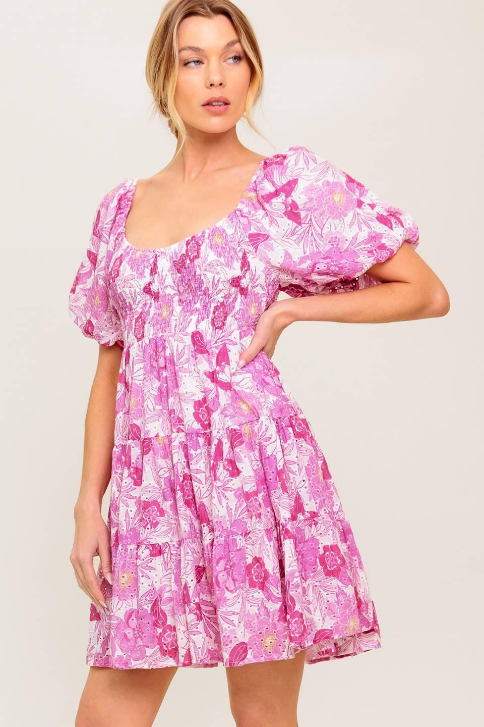 Meadow Rhythm Woven Eyelet Mini Dress in ivory pink, view 4 — Soul Flow Apparel