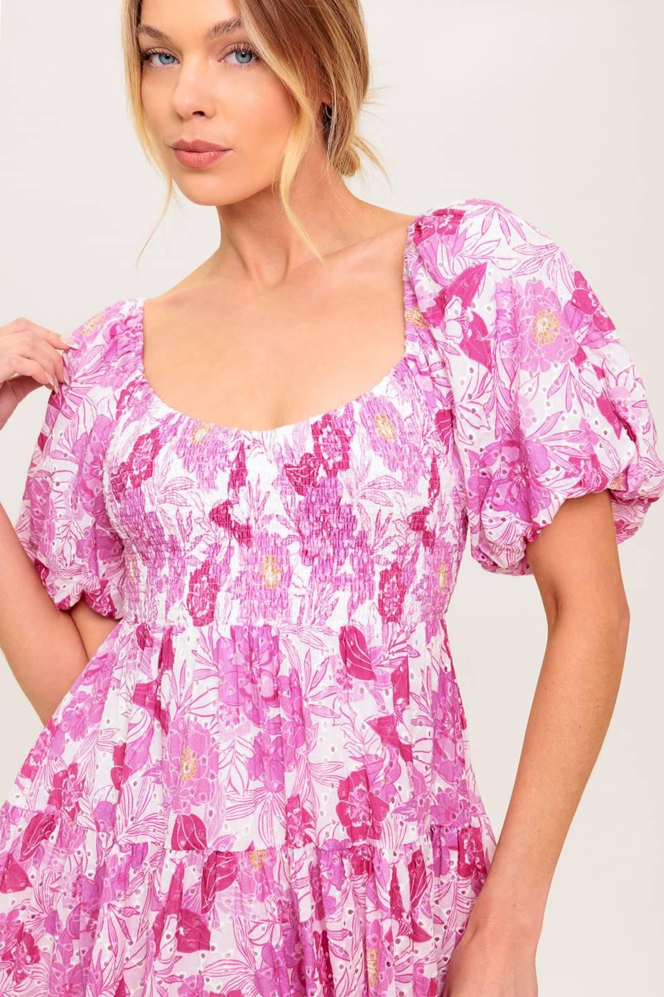 Meadow Rhythm Woven Eyelet Mini Dress in ivory pink, view 5 — Soul Flow Apparel