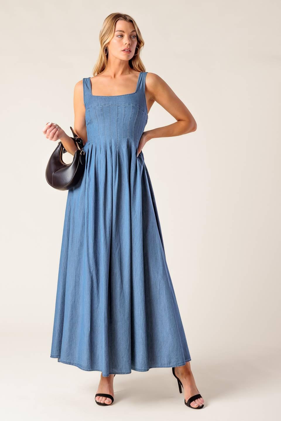 Passiflora Indigo Denim Midi Dress, view 1 — Soul Flow Apparel