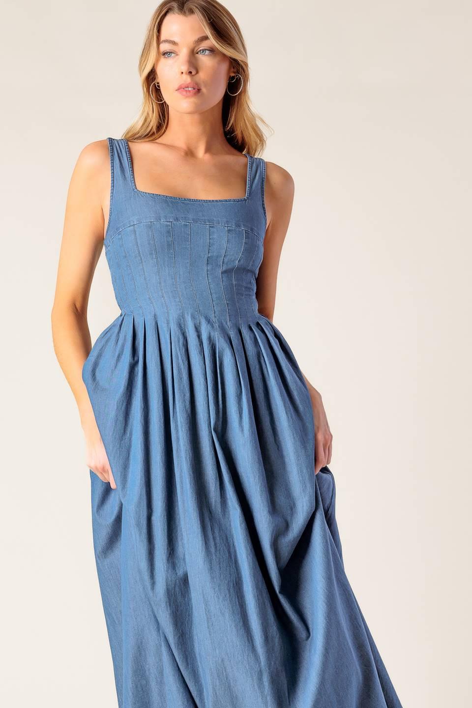 Passiflora Indigo Denim Midi Dress, view 2 — Soul Flow Apparel
