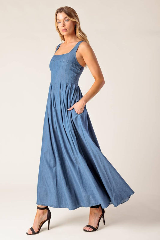 Passiflora Indigo Denim Midi Dress, view 4 — Soul Flow Apparel