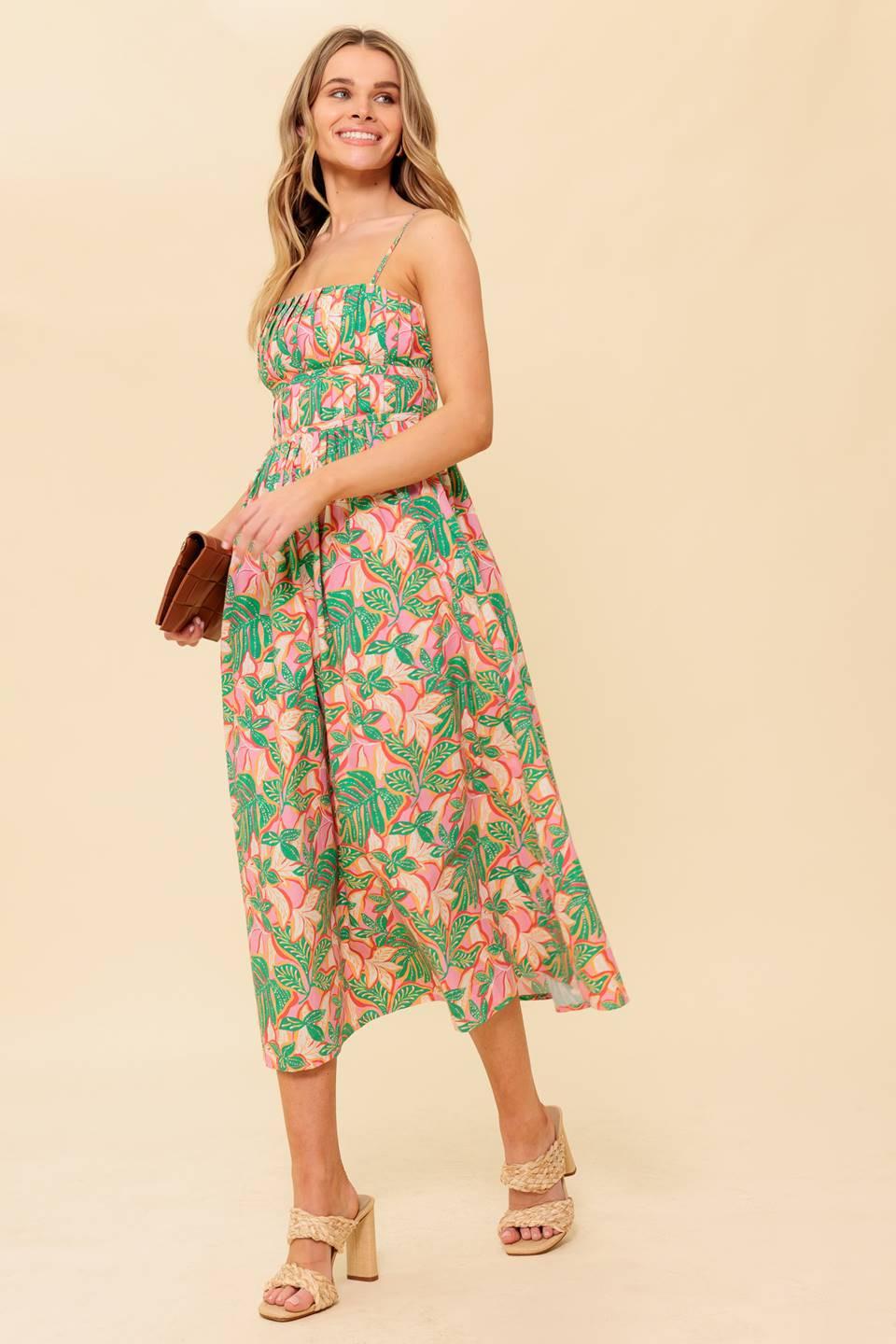 Storytelling Woven Midi Dress in pink green, view 1 — Soul Flow Apparel