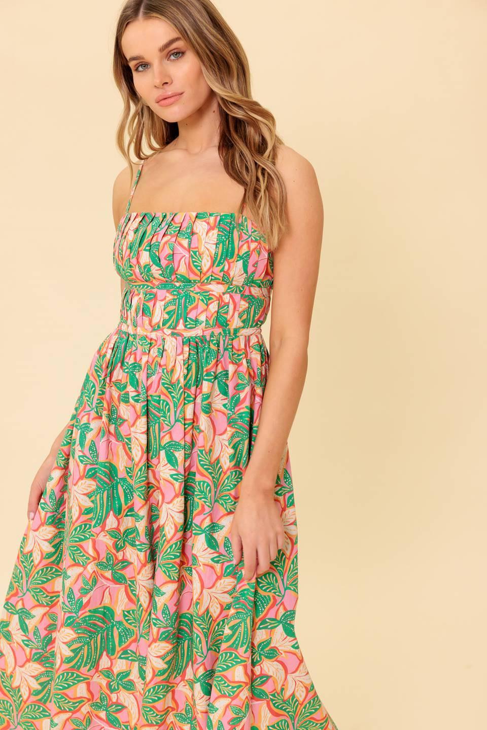 Storytelling Woven Midi Dress in pink green, view 2 — Soul Flow Apparel