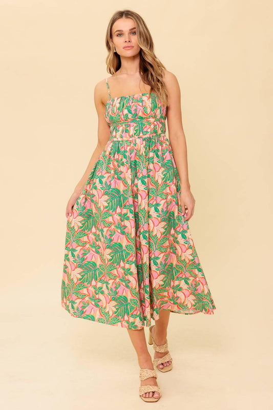 Storytelling Woven Midi Dress in pink green, view 3 — Soul Flow Apparel