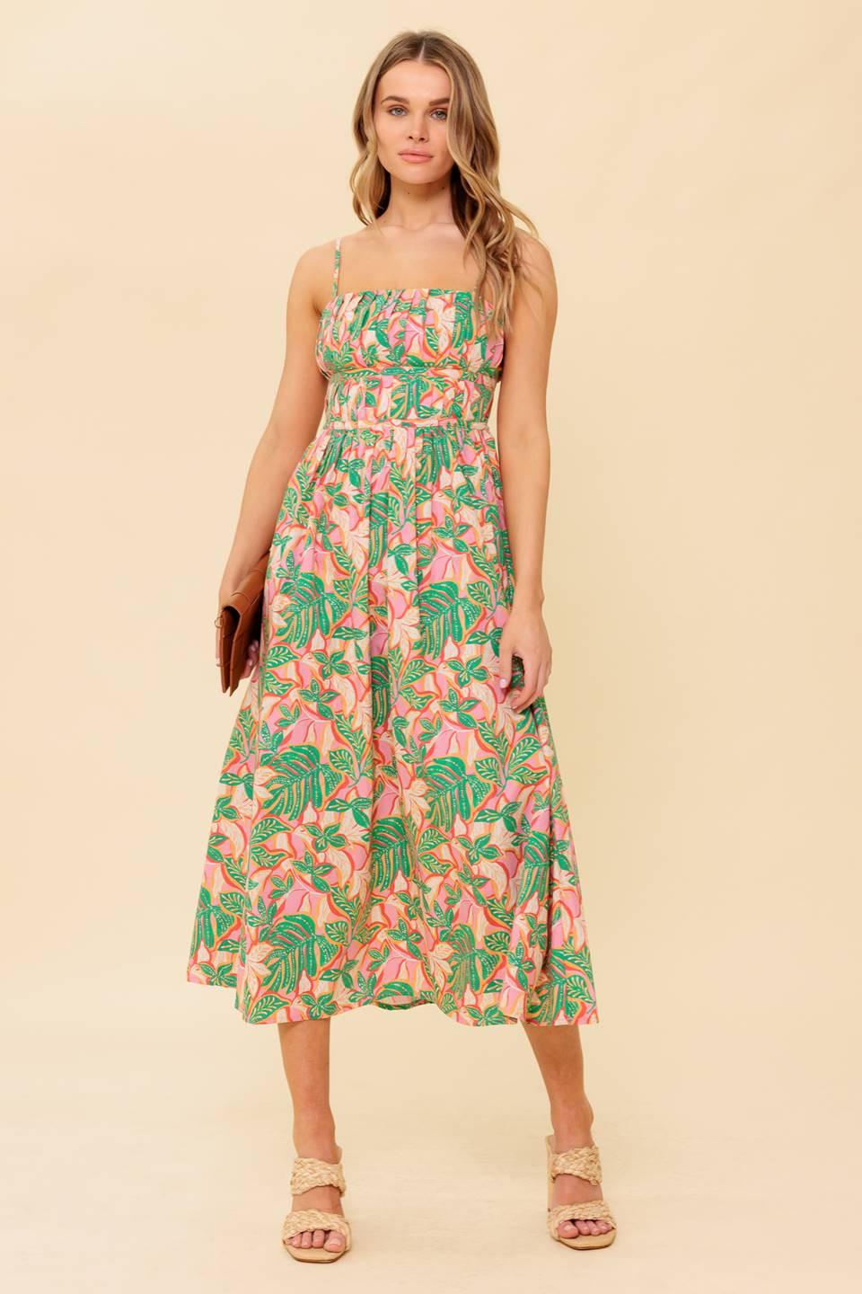 Storytelling Woven Midi Dress in pink green, view 5 — Soul Flow Apparel