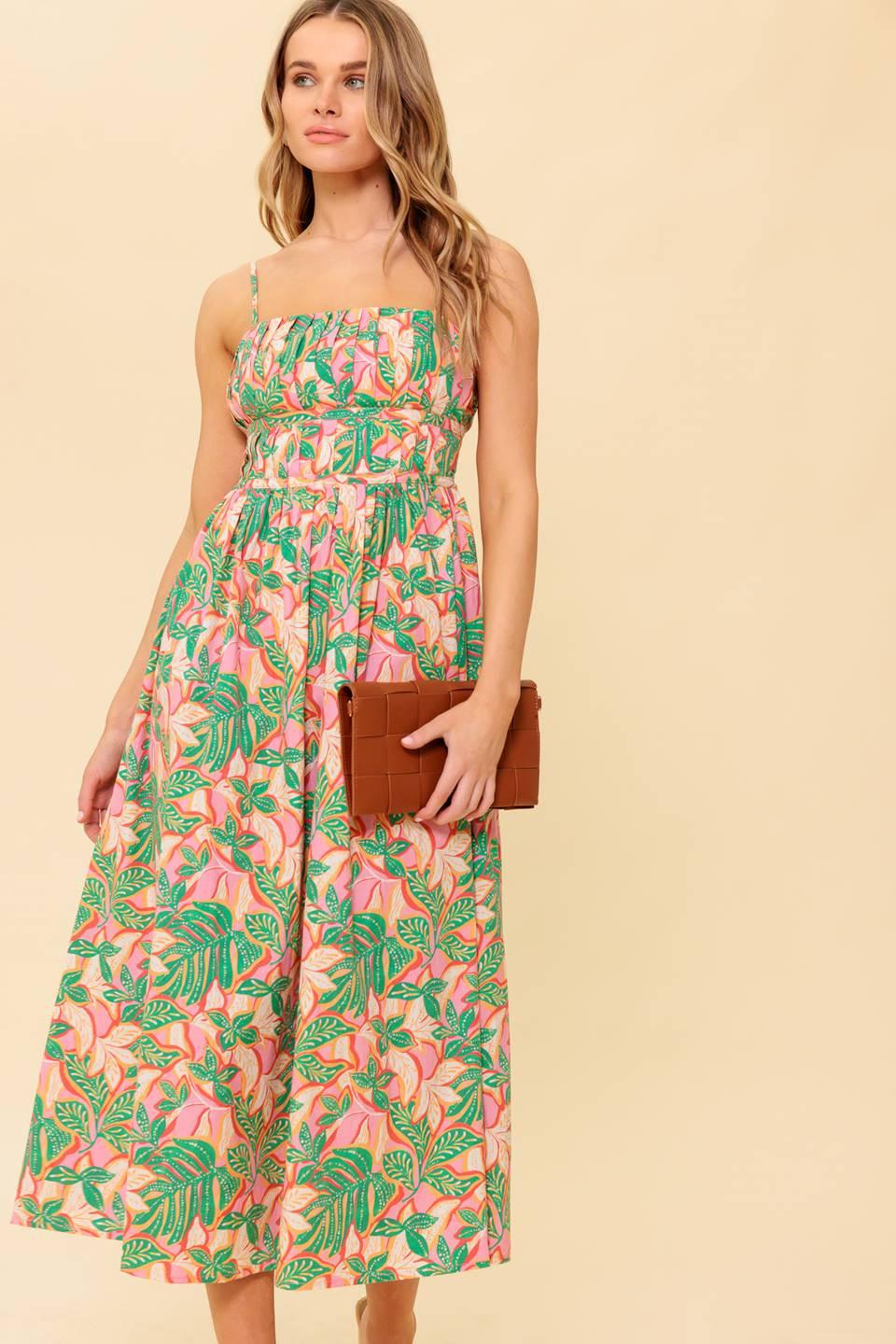 Storytelling Woven Midi Dress in pink green, view 6 — Soul Flow Apparel