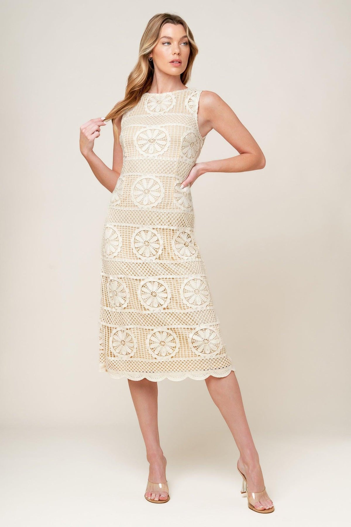 Prettiest Energy Cream Lace Midi Dress, view 2 — Soul Flow Apparel