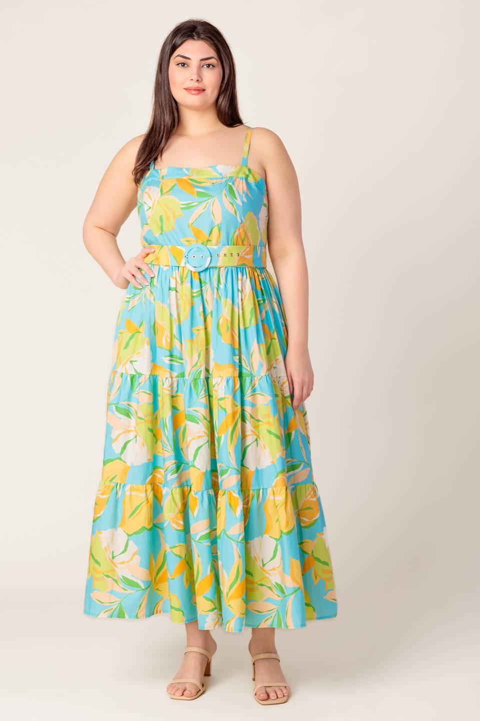Perfection Bound Woven Mdi Dress in blue yellow, view 1 — Soul Flow Apparel