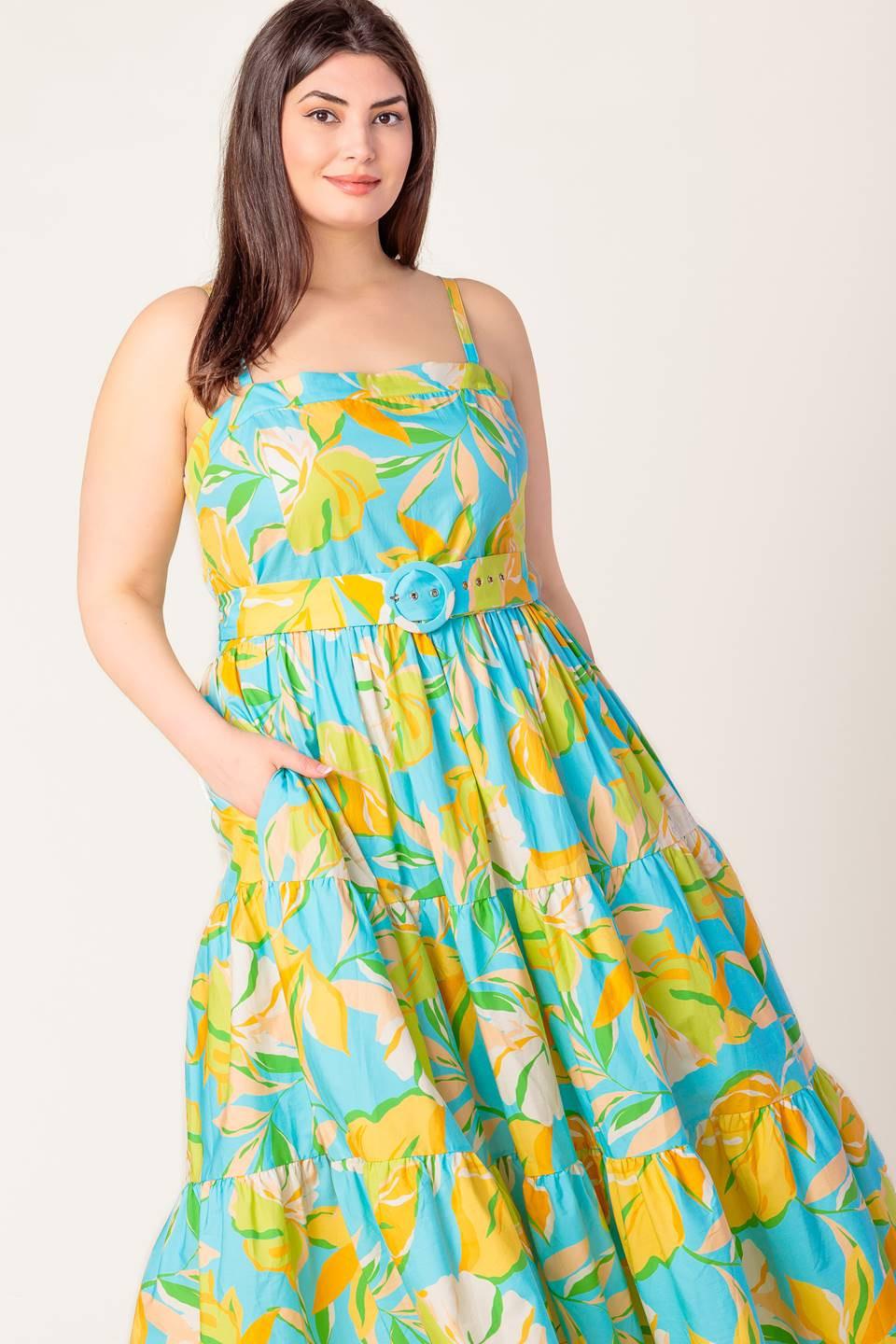 Perfection Bound Woven Mdi Dress in blue yellow, view 2 — Soul Flow Apparel