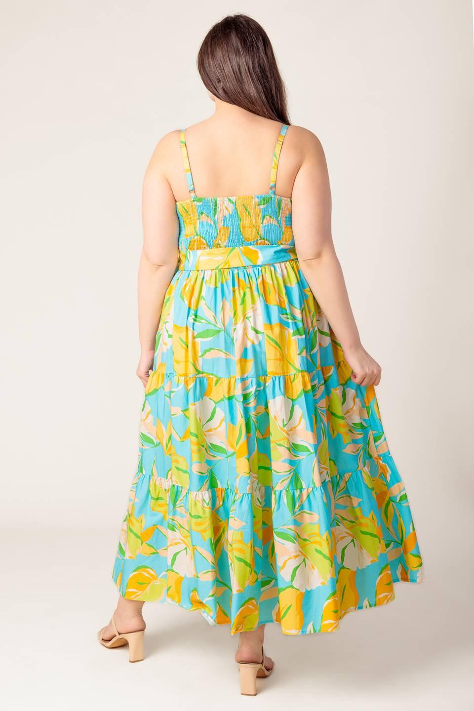 Perfection Bound Woven Mdi Dress in blue yellow, view 3 — Soul Flow Apparel