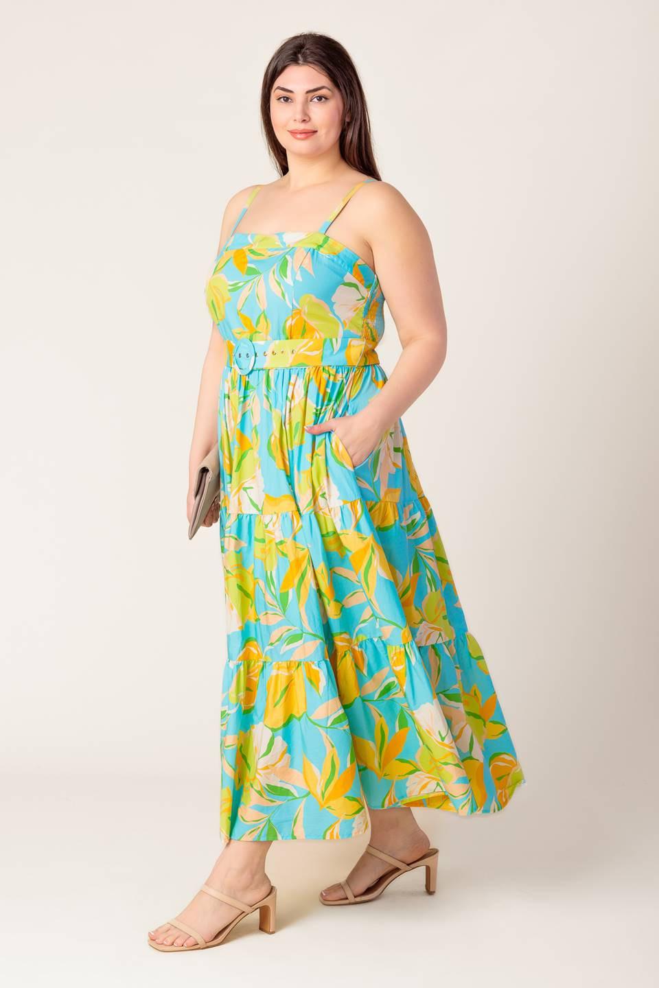 Perfection Bound Woven Mdi Dress in blue yellow, view 6 — Soul Flow Apparel