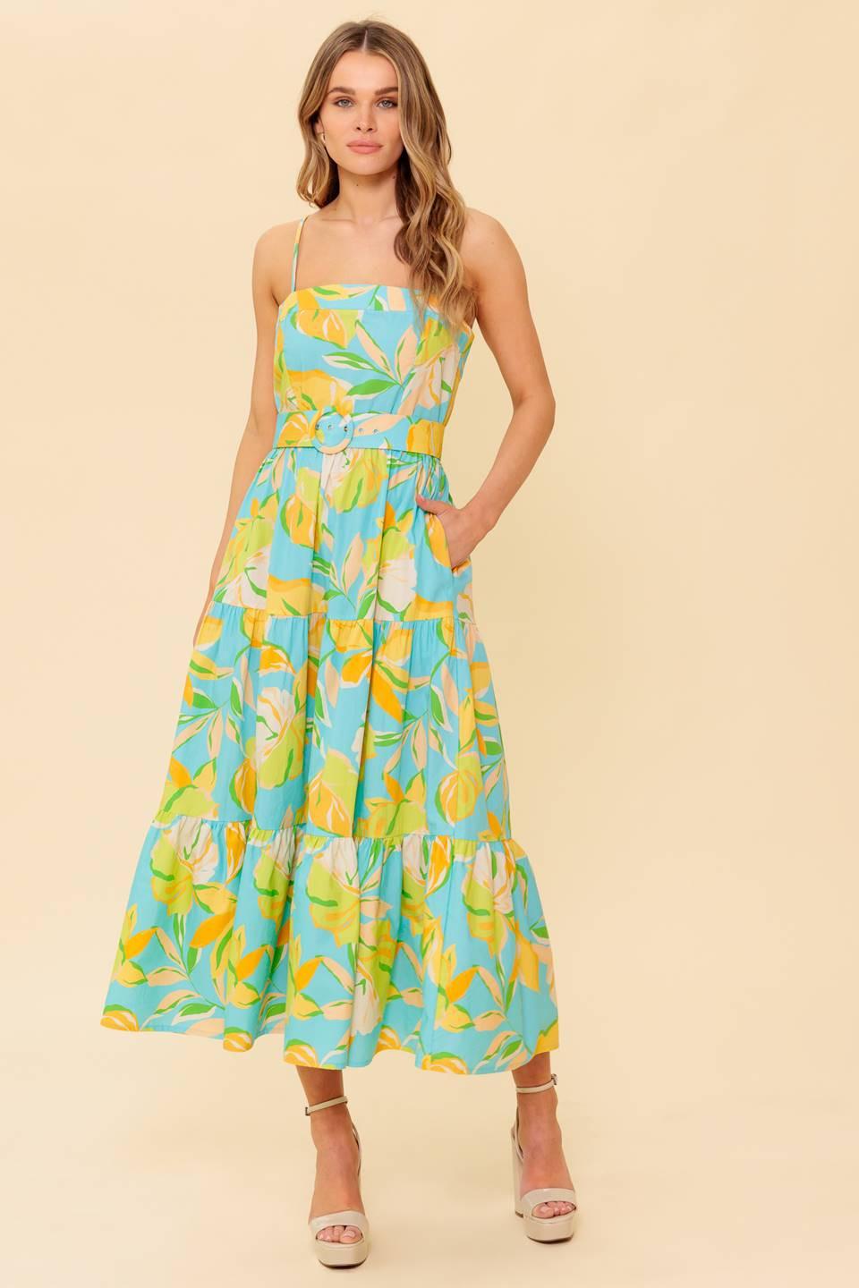 Perfection Bound Woven Mdi Dress in blue yellow, view 1 — Soul Flow Apparel