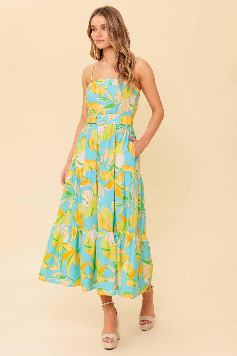 Perfection Bound Woven Mdi Dress in blue yellow, view 2 — Soul Flow Apparel