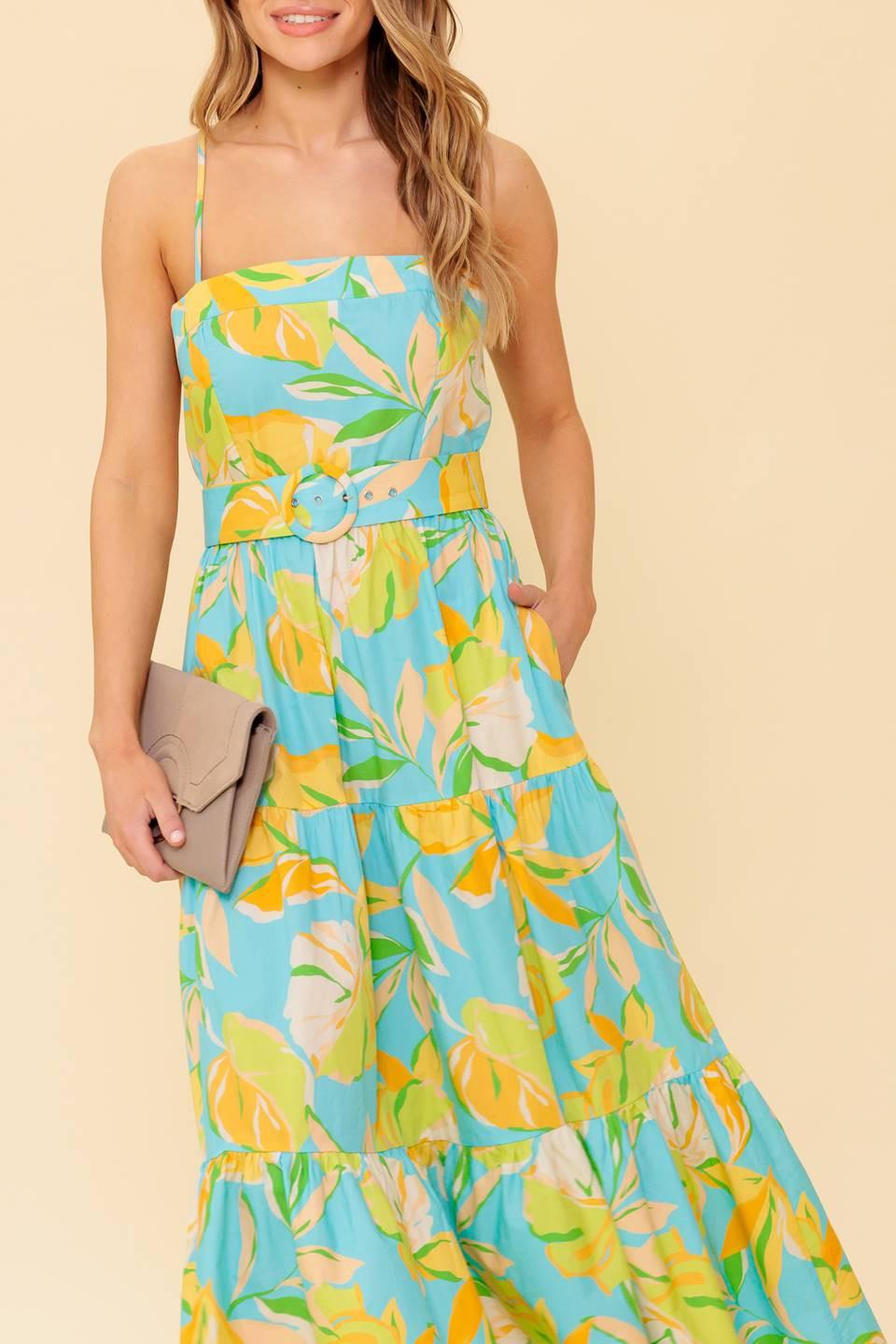 Perfection Bound Woven Mdi Dress in blue yellow, view 3 — Soul Flow Apparel