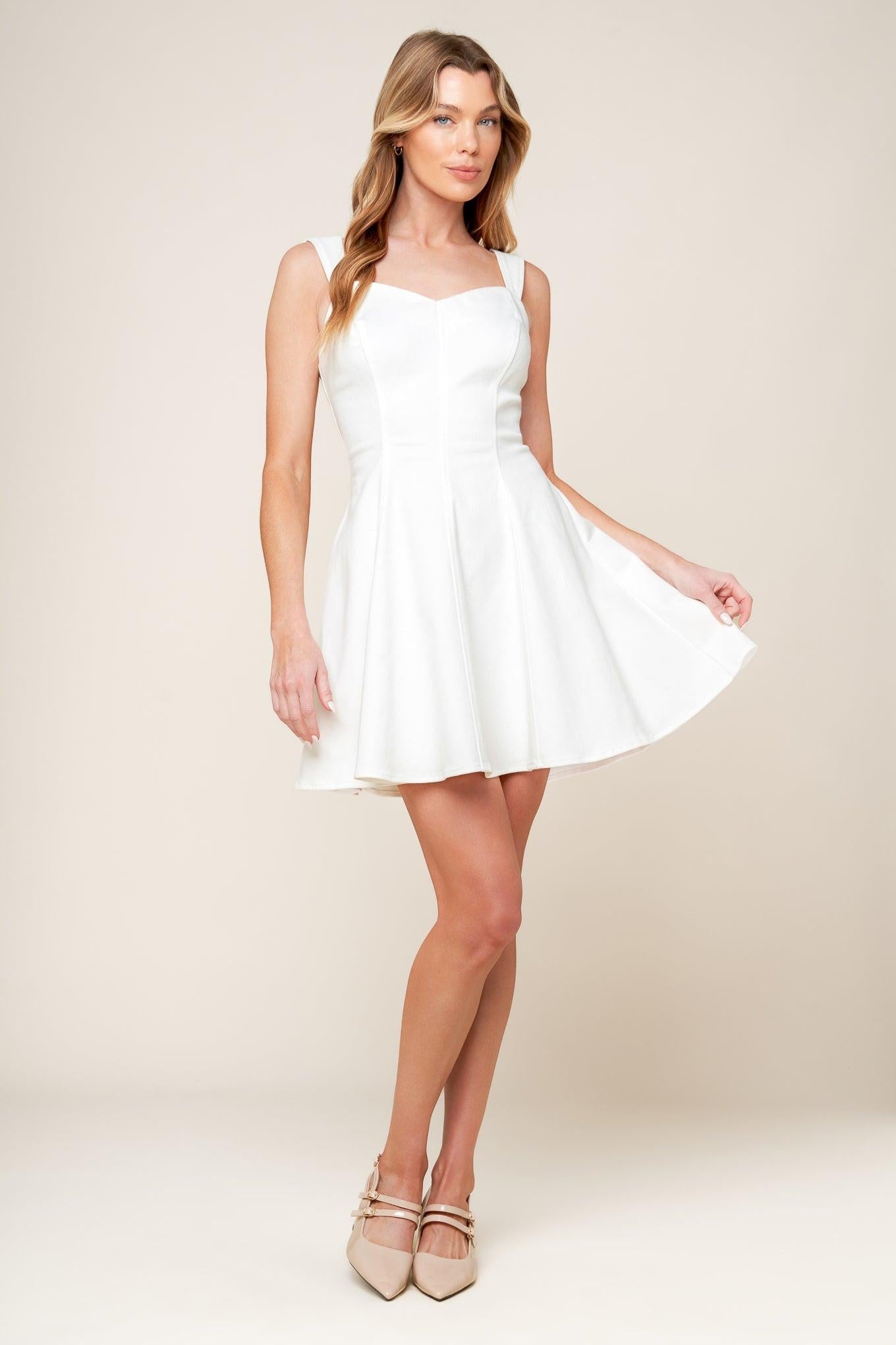 Last Your Chance Denim Woven Mini Dress in white, view 1 — Soul Flow Apparel