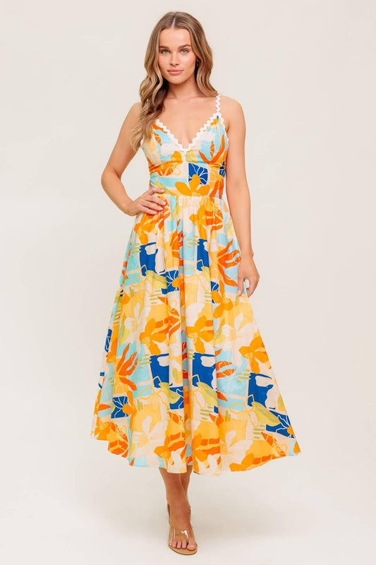 Dawn Petal Kiss Woven Midi Dress in orange blue, view 1 — Soul Flow Apparel