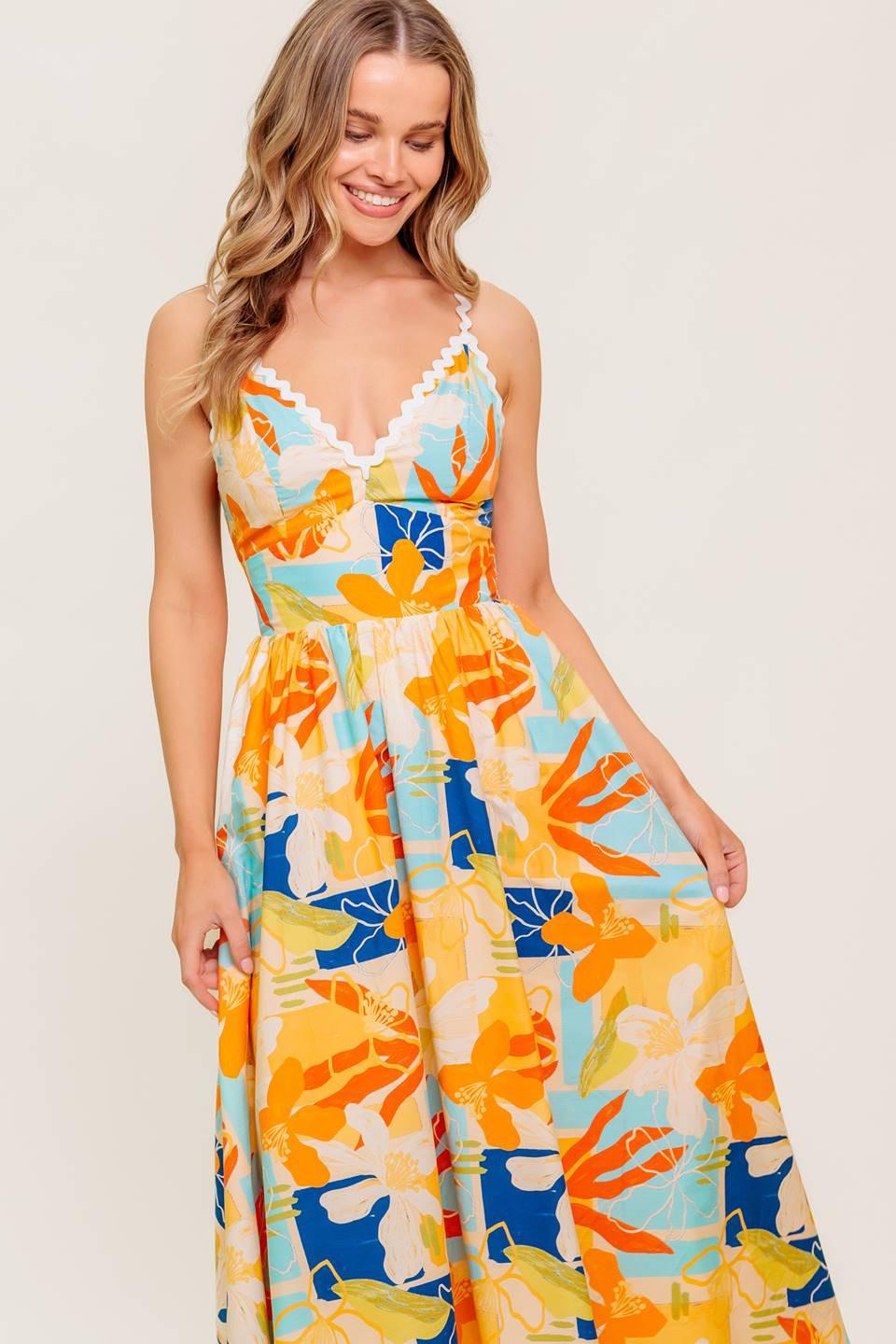 Dawn Petal Kiss Woven Midi Dress in orange blue, view 2 — Soul Flow Apparel