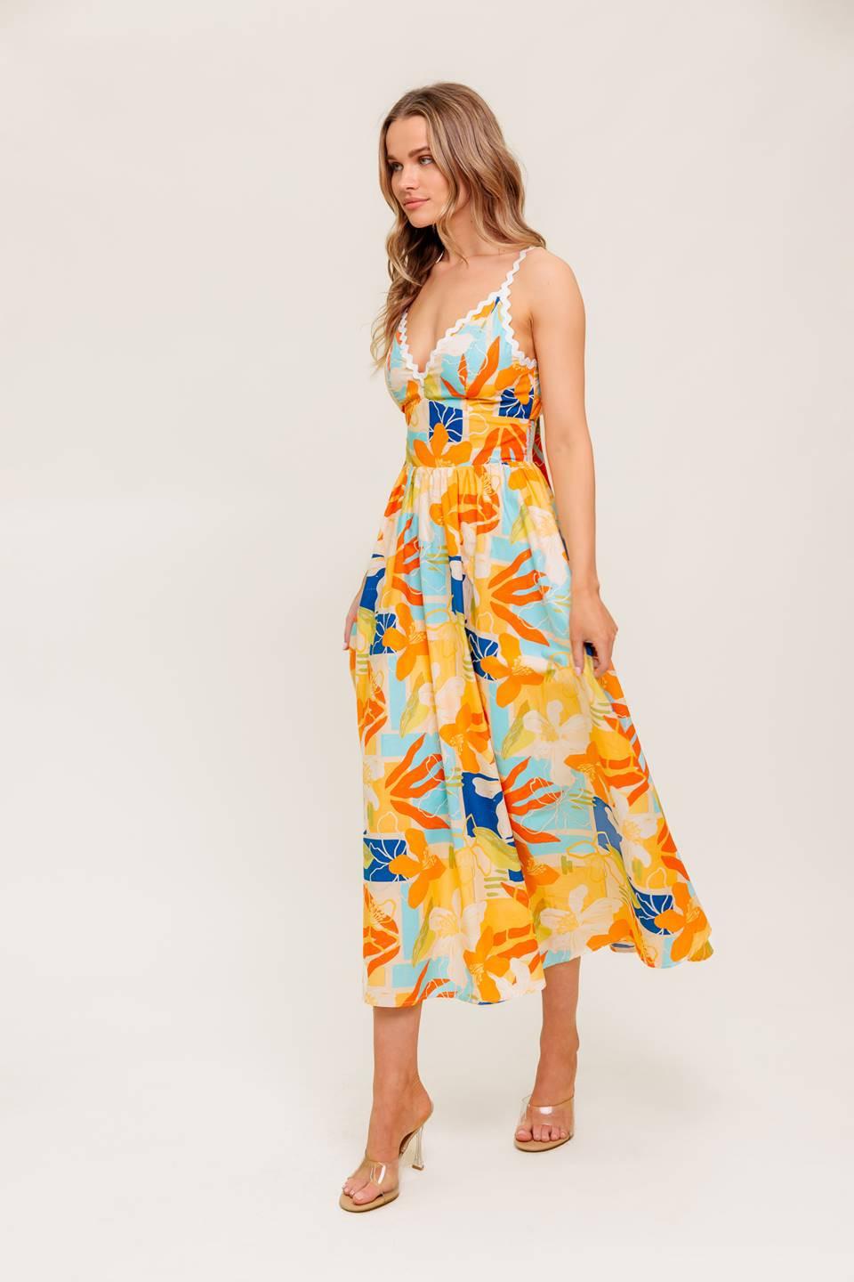 Dawn Petal Kiss Woven Midi Dress in orange blue, view 4 — Soul Flow Apparel