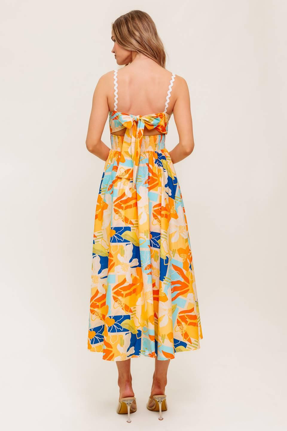 Dawn Petal Kiss Woven Midi Dress in orange blue, view 5 — Soul Flow Apparel