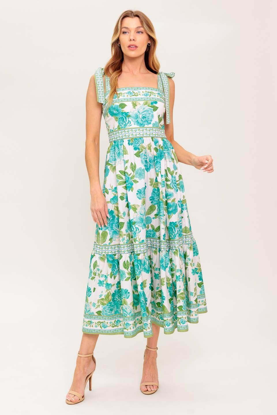 Written in the Sky Woven Midi Dress in ivory green, view 1 — Soul Flow Apparel