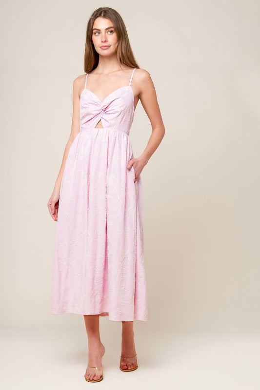Along the Shore Pink Woven Midi Dress, view 2 — Soul Flow Apparel
