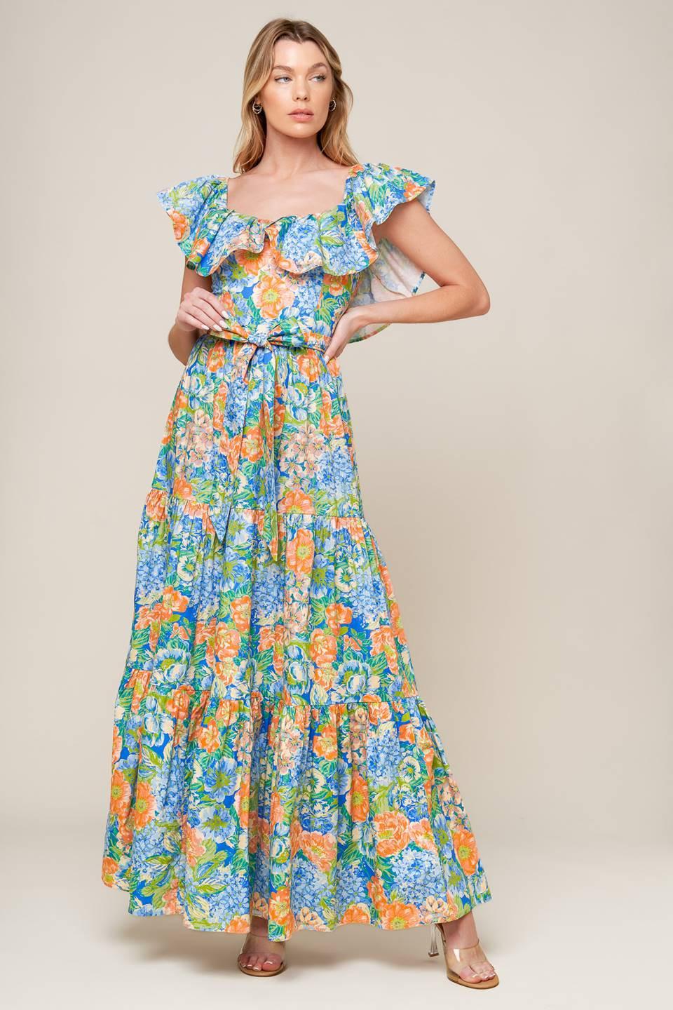 Delightful Garden Party Woven Maxi Dress in coral powder blue, view 1 — Soul Flow Apparel
