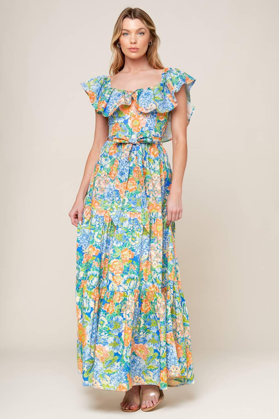 Delightful Garden Party Woven Maxi Dress in coral powder blue, view 2 — Soul Flow Apparel