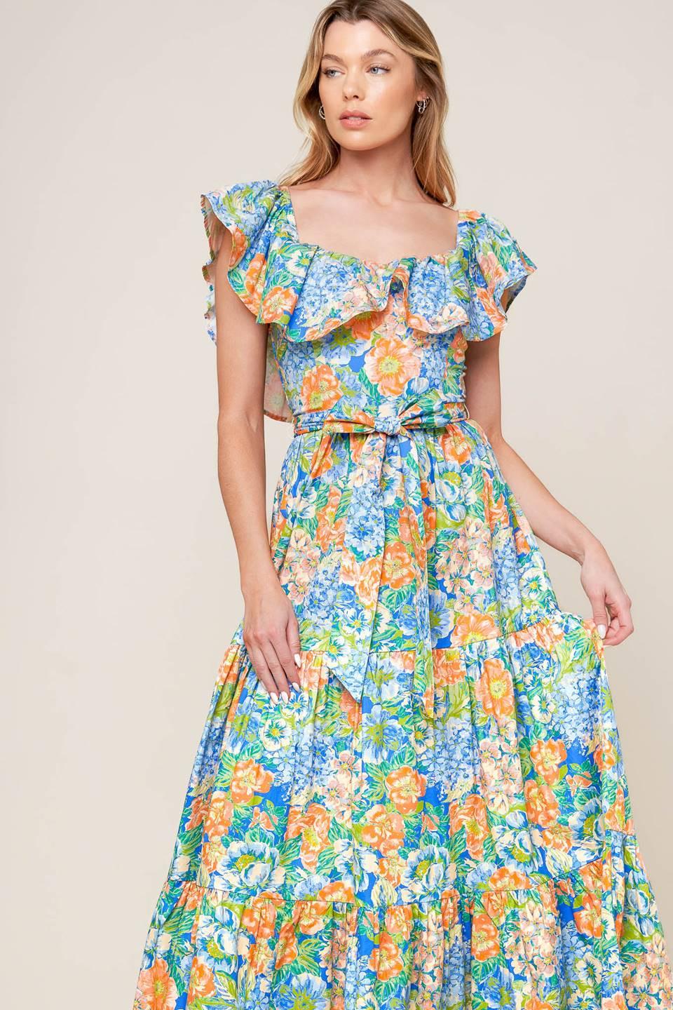 Delightful Garden Party Woven Maxi Dress in coral powder blue, view 3 — Soul Flow Apparel