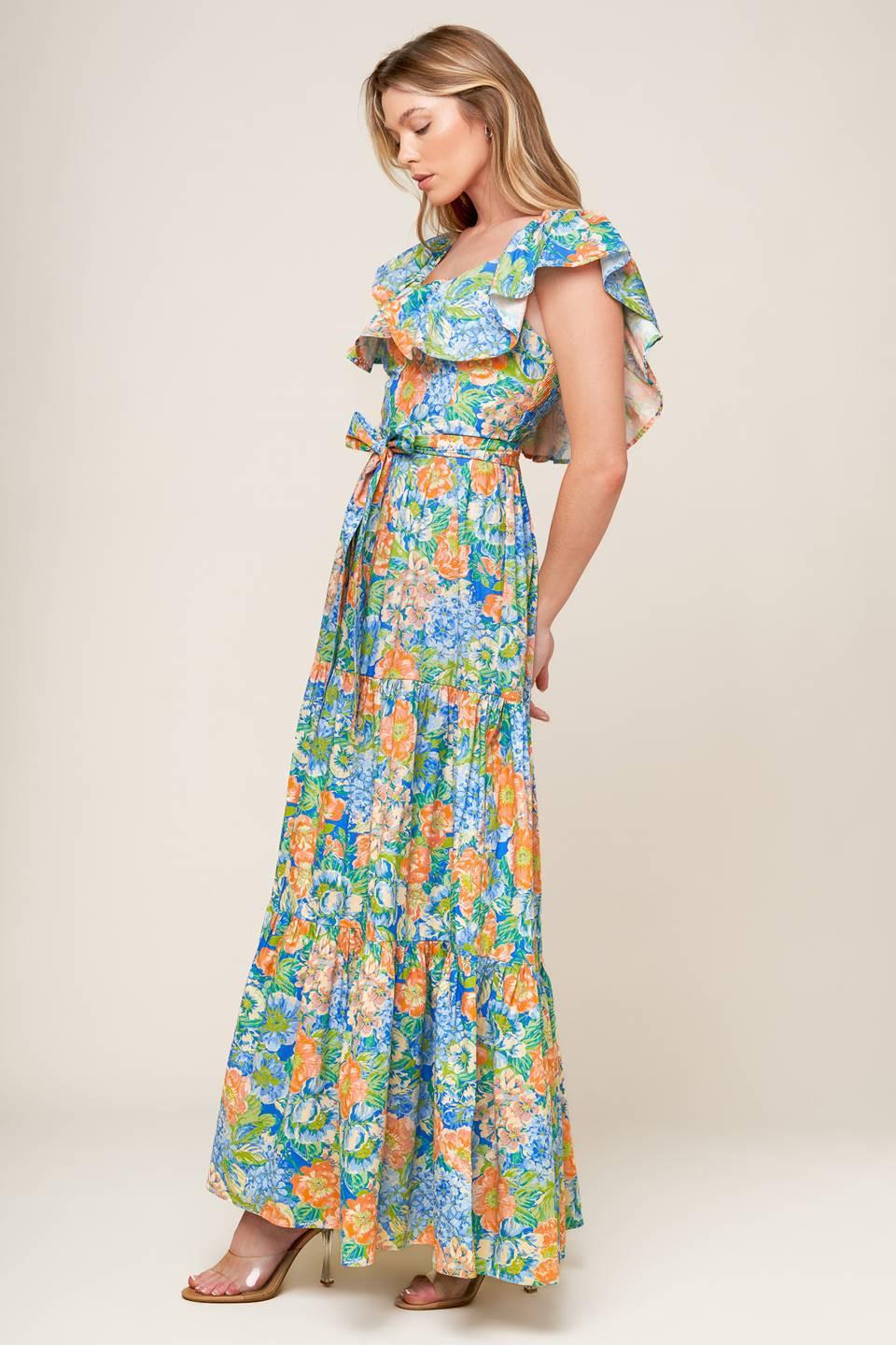Delightful Garden Party Woven Maxi Dress in coral powder blue, view 4 — Soul Flow Apparel