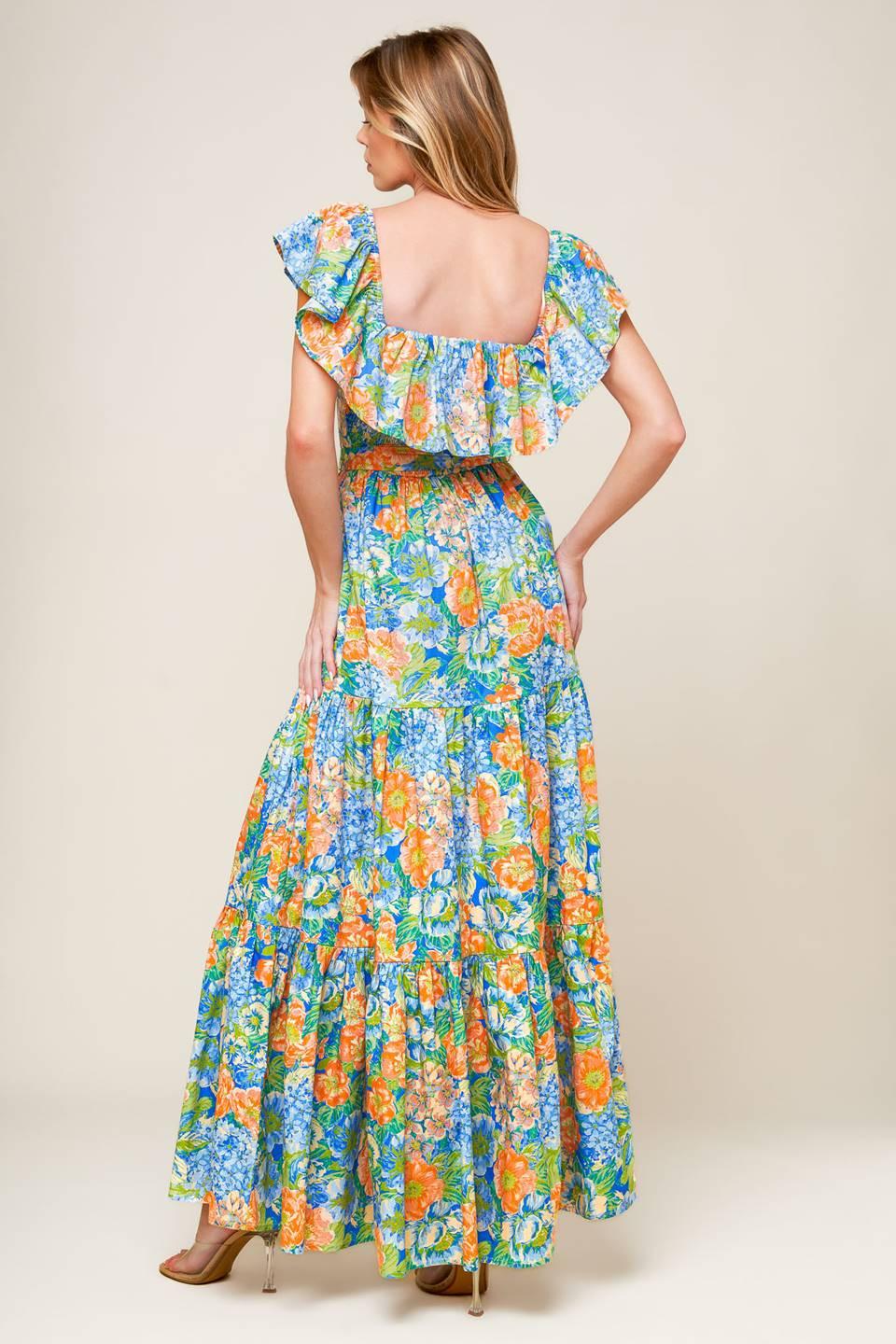 Delightful Garden Party Woven Maxi Dress in coral powder blue, view 5 — Soul Flow Apparel