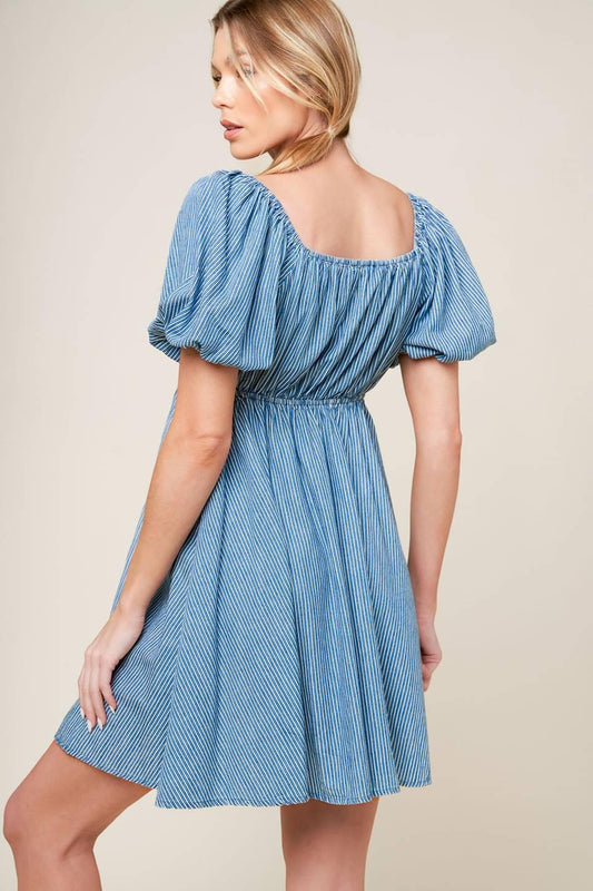 Something Nice Woven Mini Dress in indigo white, view 5 — Soul Flow Apparel