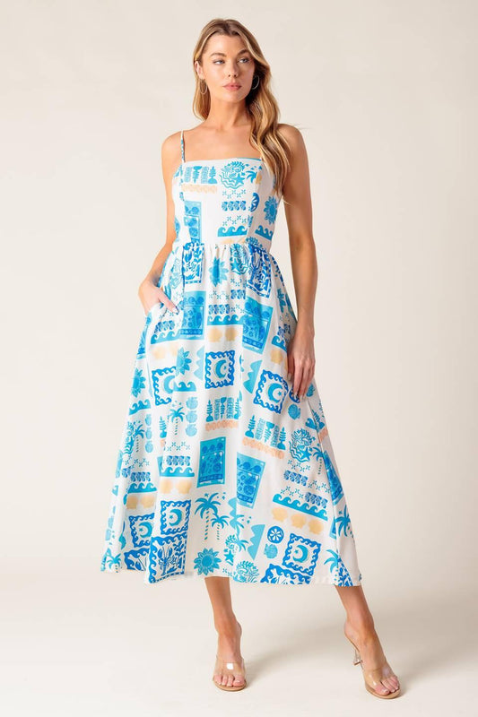 Flower Girl Blue Woven Midi Dress in ivory, view 1 — Soul Flow Apparel