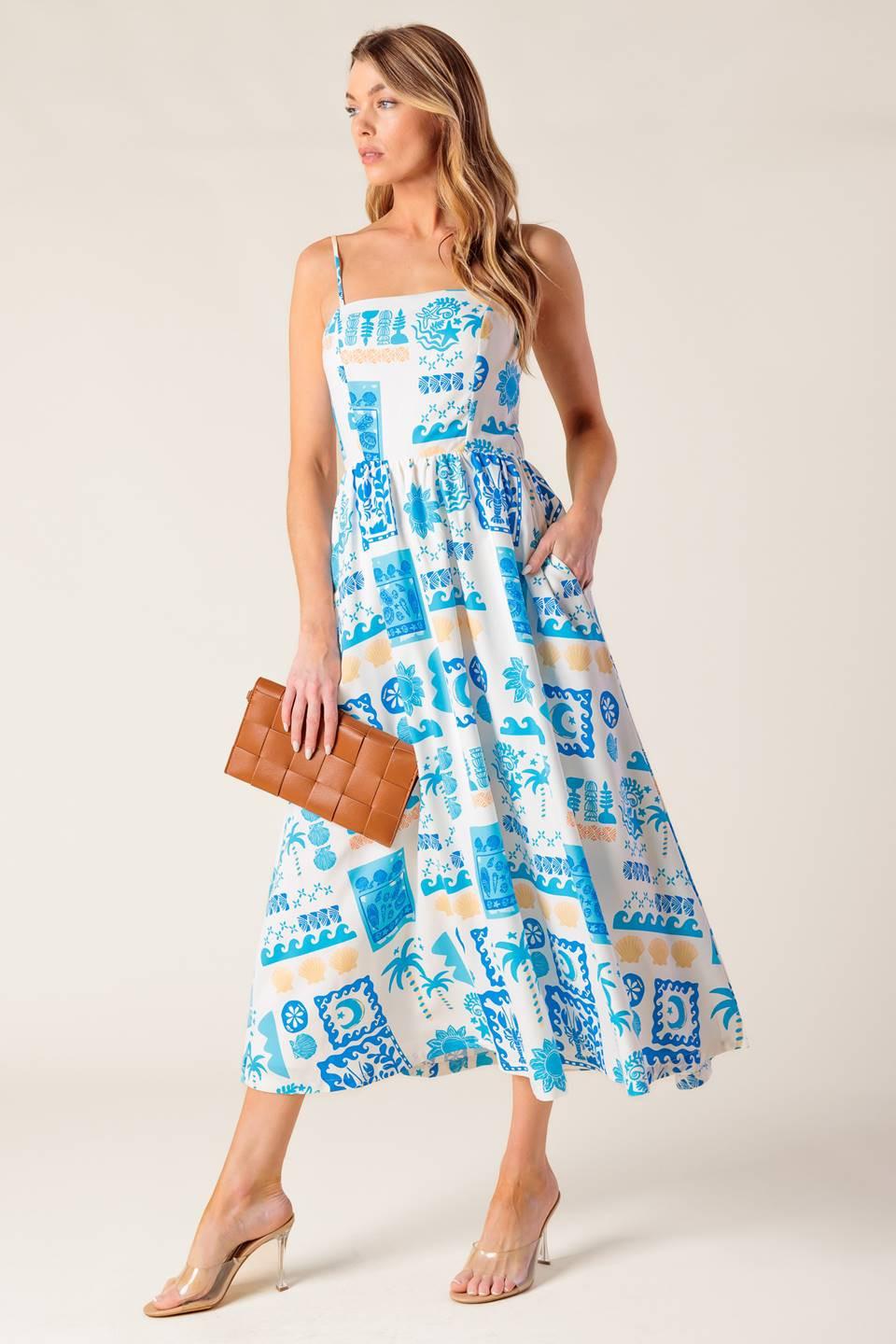 Flower Girl Blue Woven Midi Dress in ivory, view 3 — Soul Flow Apparel